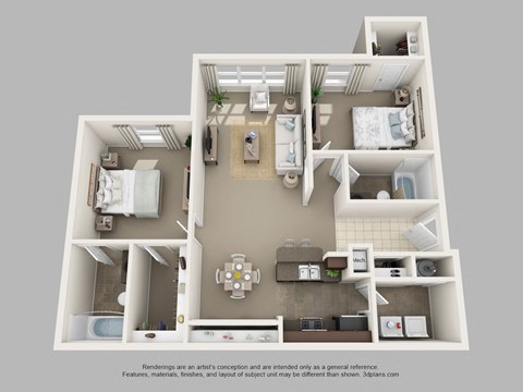 Floor plan for 2 beds, 2 baths, 1079 sqft